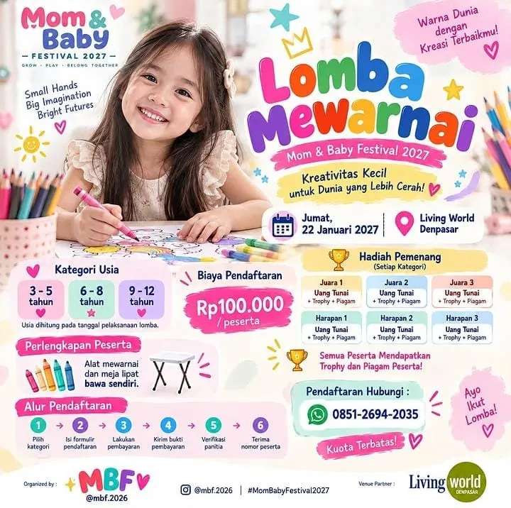 Poster Lomba Mewarnai Mom & Baby Festival 2027 – Jumat 22 Januari 2027, Living World Denpasar, usia 3–5, 6–8, 9–12 tahun, biaya Rp100.000